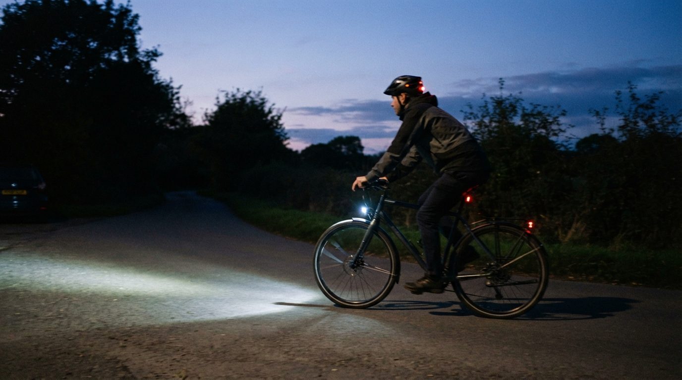 Cyklist i skumring med tændt LED-forlygte som belyser vejens foran