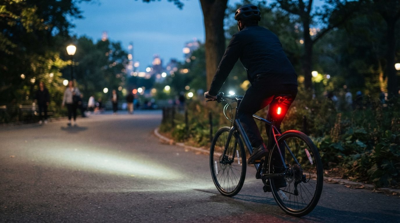 Moderne LED-lamper monteret på cykelstyr og bagstativ i skumring