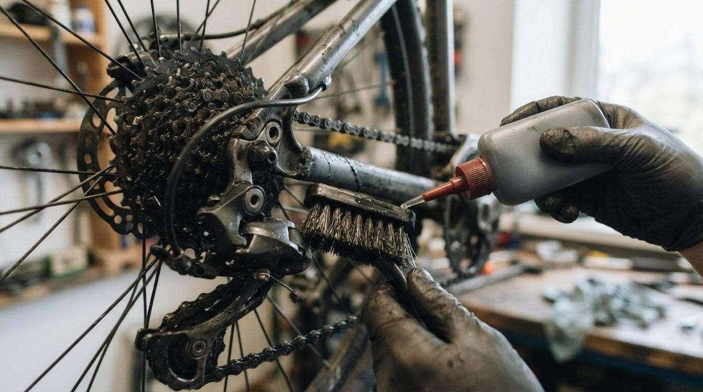 Cykelkæde bliver renset med børste og smurt med olie i nærbillede