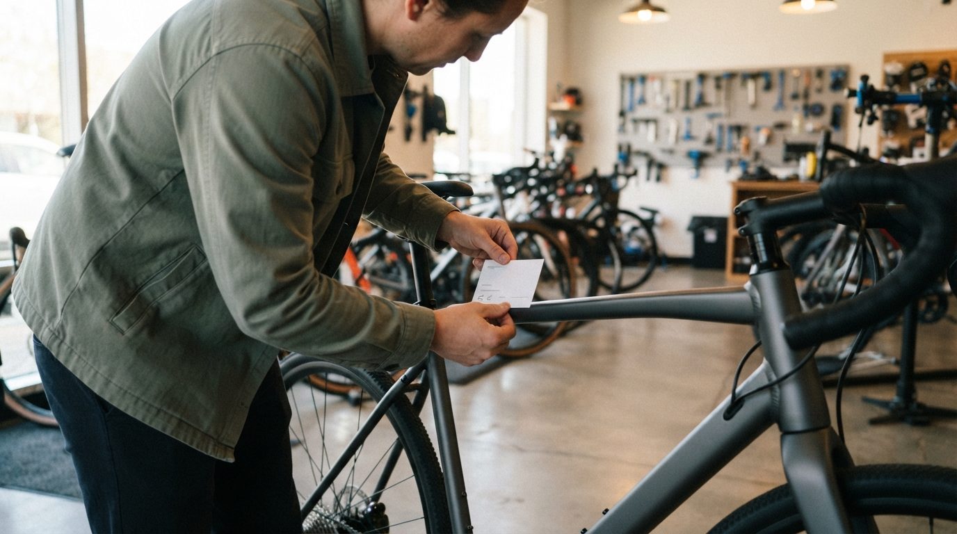 Køber undersøger cykeldetaljer og prisnavne på butikken