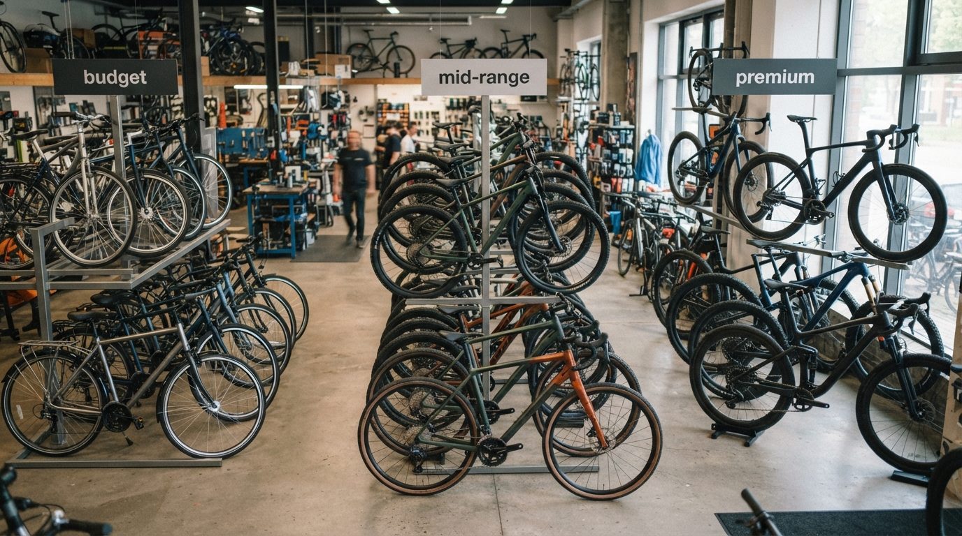 Cykelbutiks udstilling med cykler i forskellige prisklasser fra billige til dyre modeller