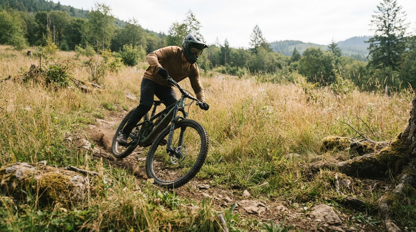 Mountainbike med affjedring og groft dækmønster på naturterrain