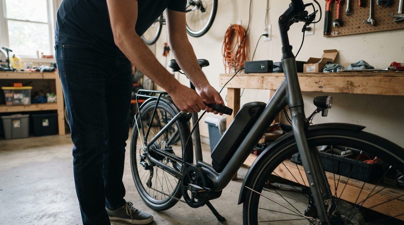 Person som opladner elcykels batteri indendørs via stikkontakt med opladerkabler