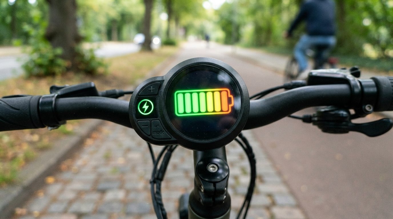 Elcykels display-panel som viser batteriniveauet og øvrige oplysninger