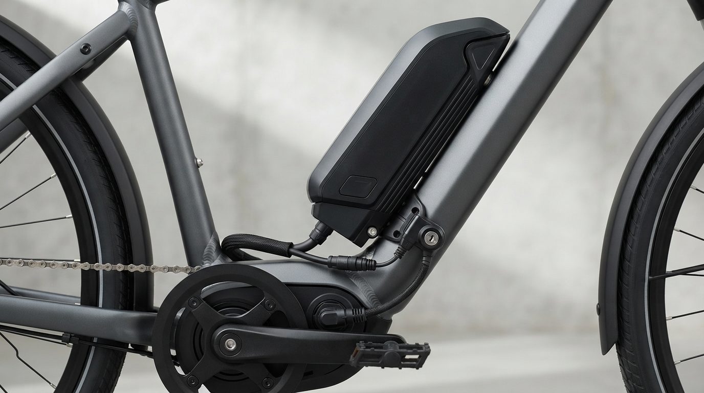 Elcykels batteripack monteret på rammen med synlige forbindelser og detaljer